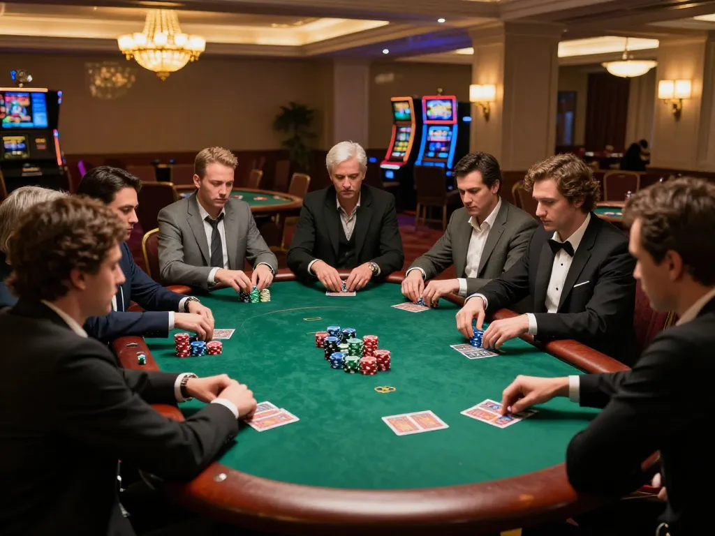 Players strategizing hands at MM88 poker table in upscale casino environment