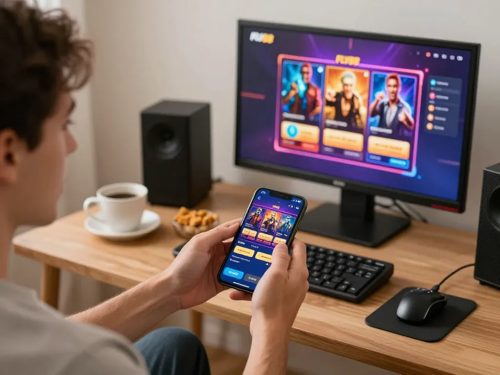 Engaging user playing FLY88 casino games on mobile in a cozy home setup