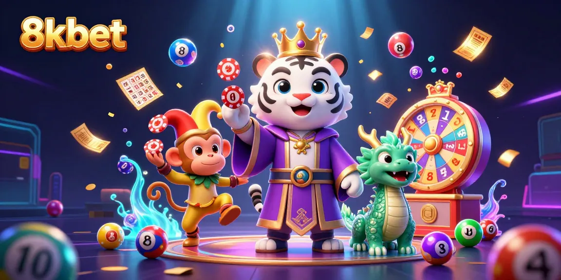 Immerse in the thrilling world of 8xbet with a vibrant casino scene featuring playful characters and dynamic game elements.