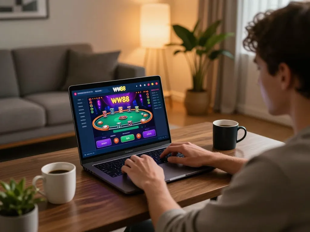 Engaging in online poker gameplay at WW88 on a cozy home setup, showcasing vibrant graphics and responsible entertainment.