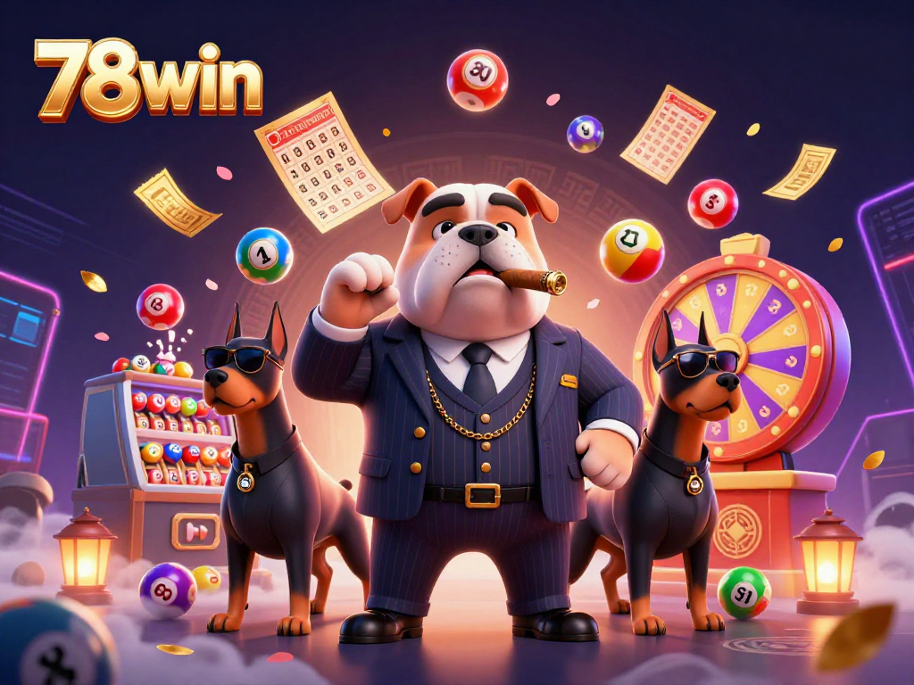 Engage in exciting gameplay with 78win, featuring dynamic lottery balls and a mafia boss in action.