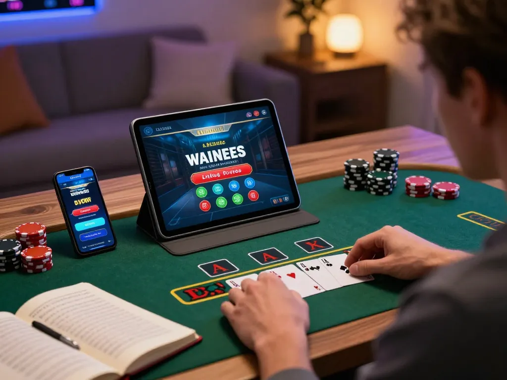 Engaging in live dealer blackjack on fly88 com, illustrating strategic betting in an inviting home office setting
