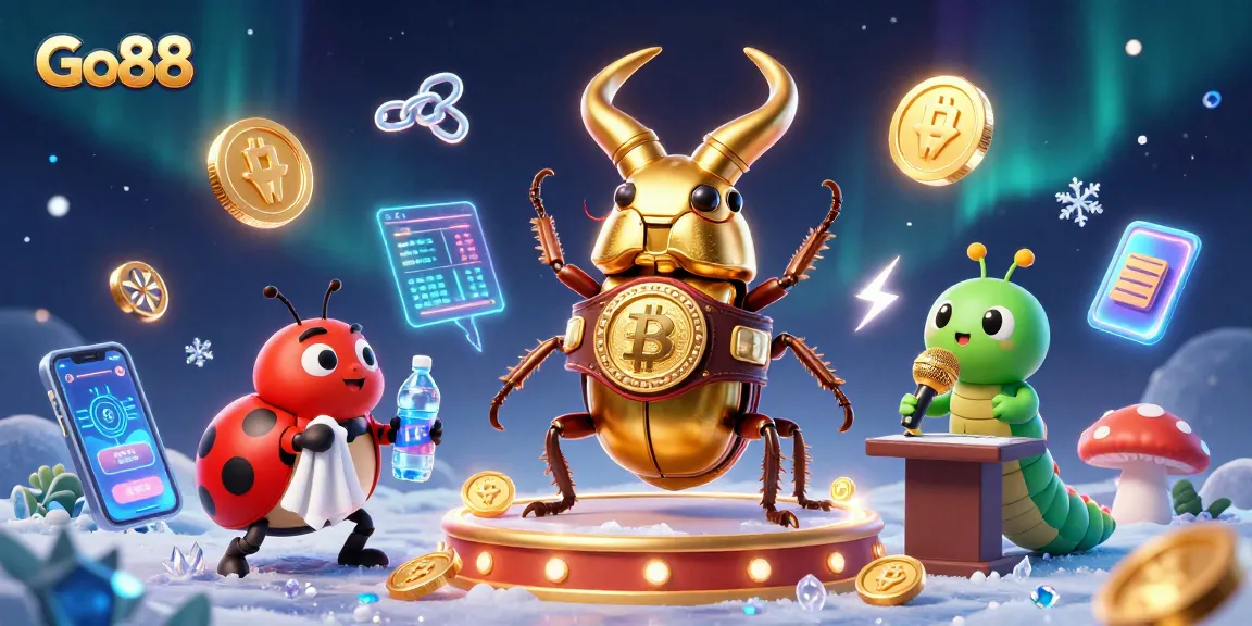 Experience thrilling gameplay with Go88 as the giant beetle battles amidst glowing crypto coins and vibrant casino elements.