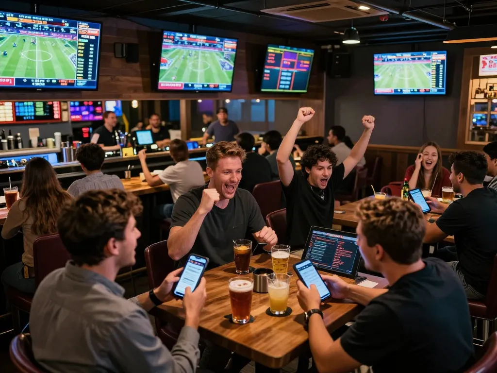 Experience the thrill of sports betting at RR88 with enthusiastic patrons cheering and placing wagers.
