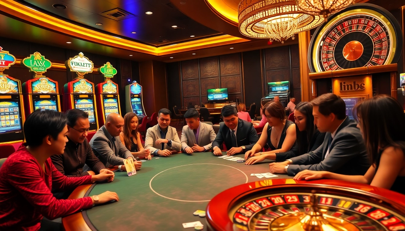 Exciting casino scene featuring hm88 gaming tables and vibrant slot machines in action.