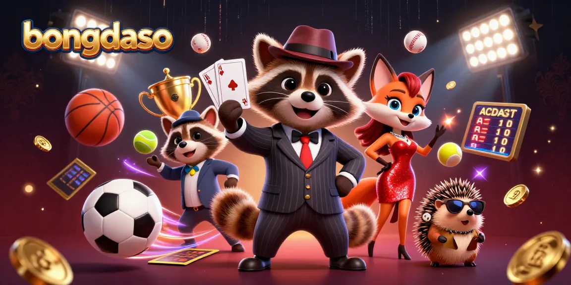 Bongdaso sportsbook features a raccoon in a suit, a fox in a sequin dress, and a hedgehog bouncer, creating a lively betting scene.