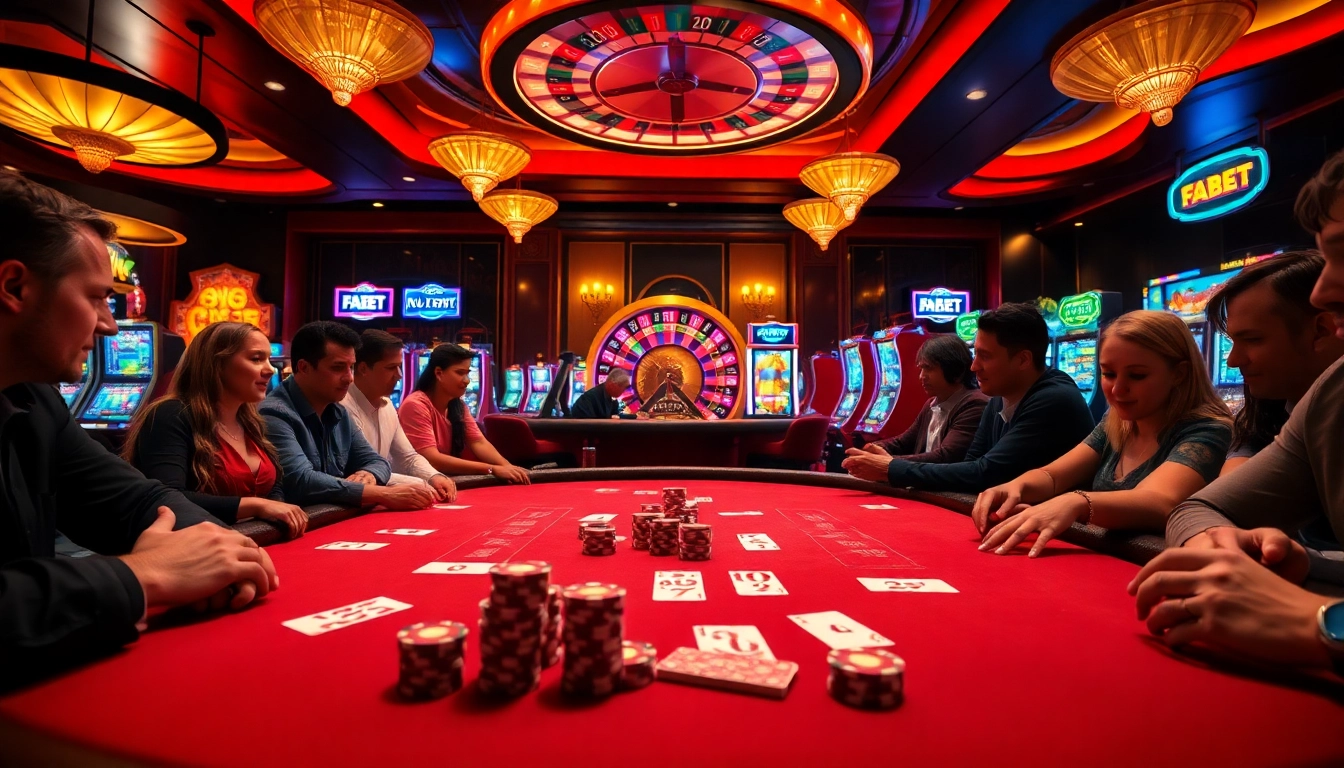 Players engaging in intense poker action at FABET, surrounded by a vibrant casino atmosphere.