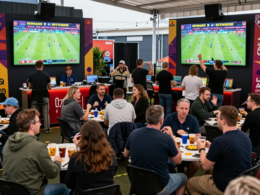Fans engaging in sports betting at an event, showcasing atq com, in a vibrant outdoor atmosphere.