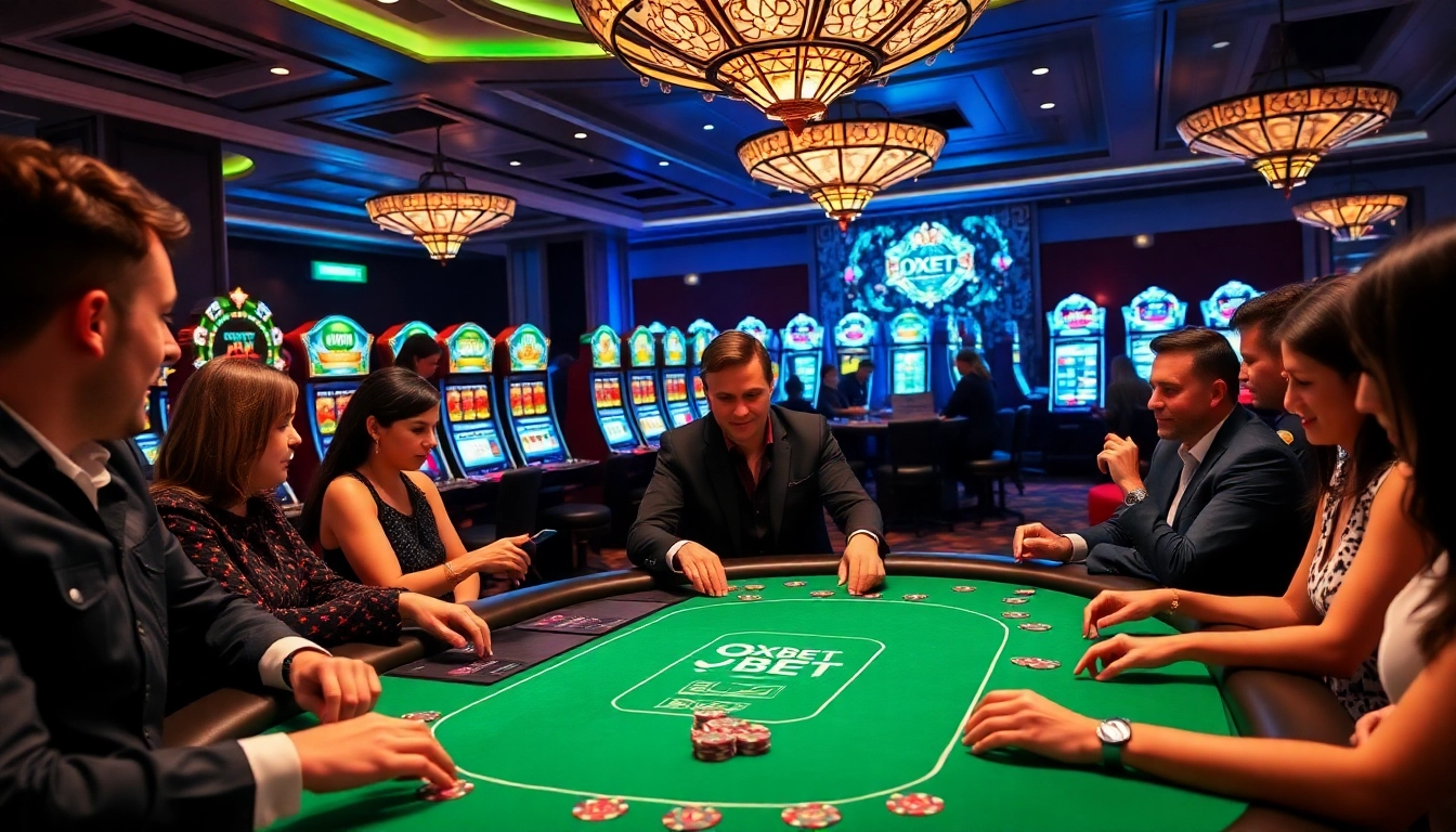 Experience the excitement of high-stakes poker at the OXBET gaming table in this vibrant casino scene.