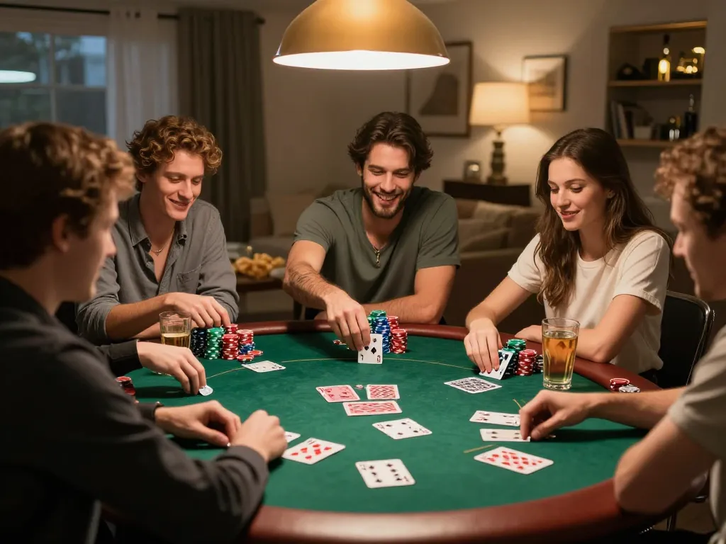 Friends enjoying poker at home with bl555 atmosphere, chips and cards creating a social gambling vibe.