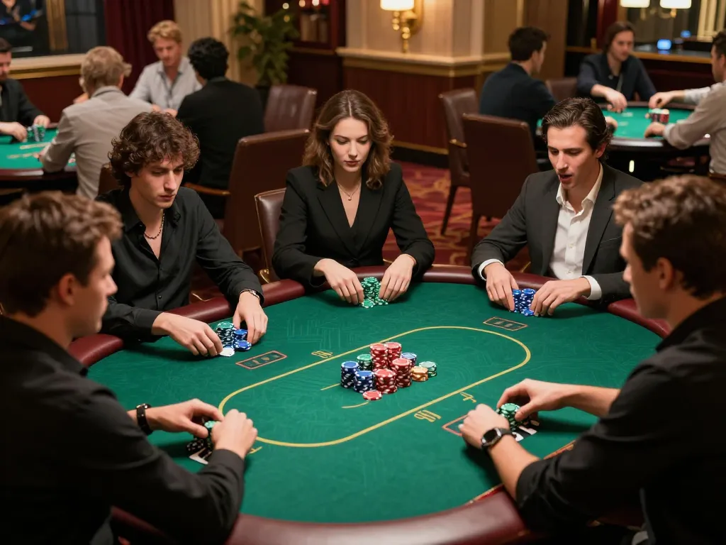 Zowin players strategizing during a high-stakes poker game, showcasing intense concentration and excitement