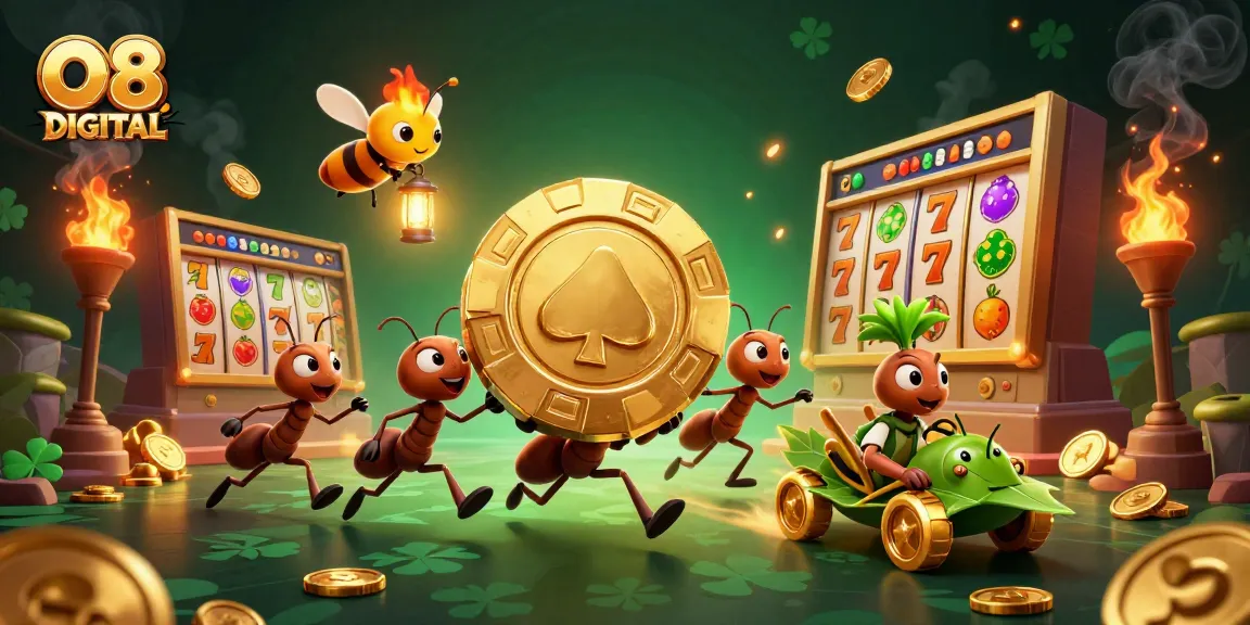 Experience thrilling action in O8 DIGITAL's vibrant casino heist scene with ants carrying a massive poker chip and dynamic symbols.