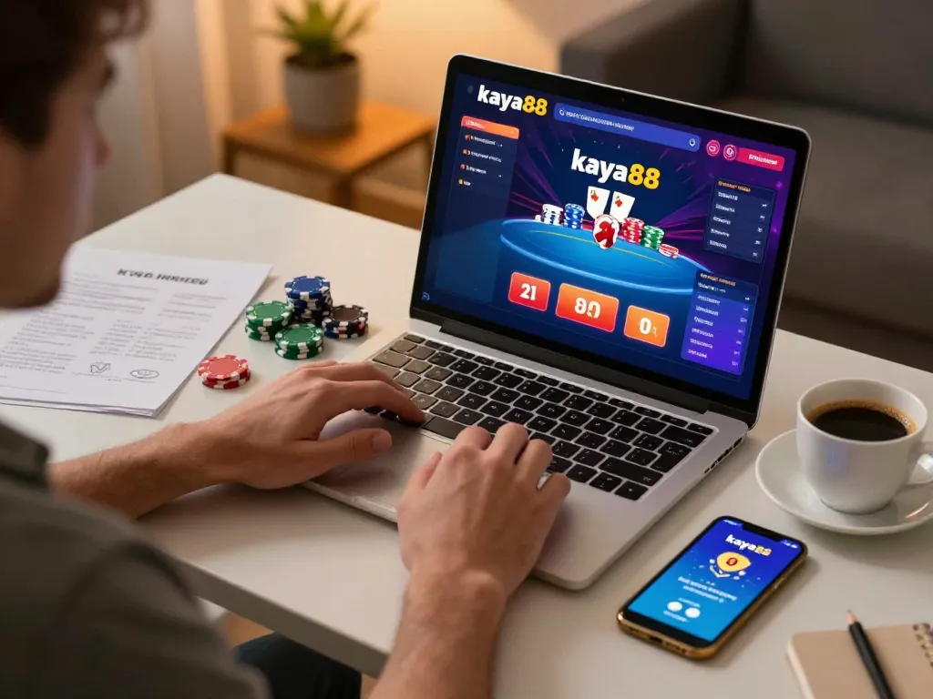 Kaya88 player engaging in an online poker game, showcasing a laptop interface.