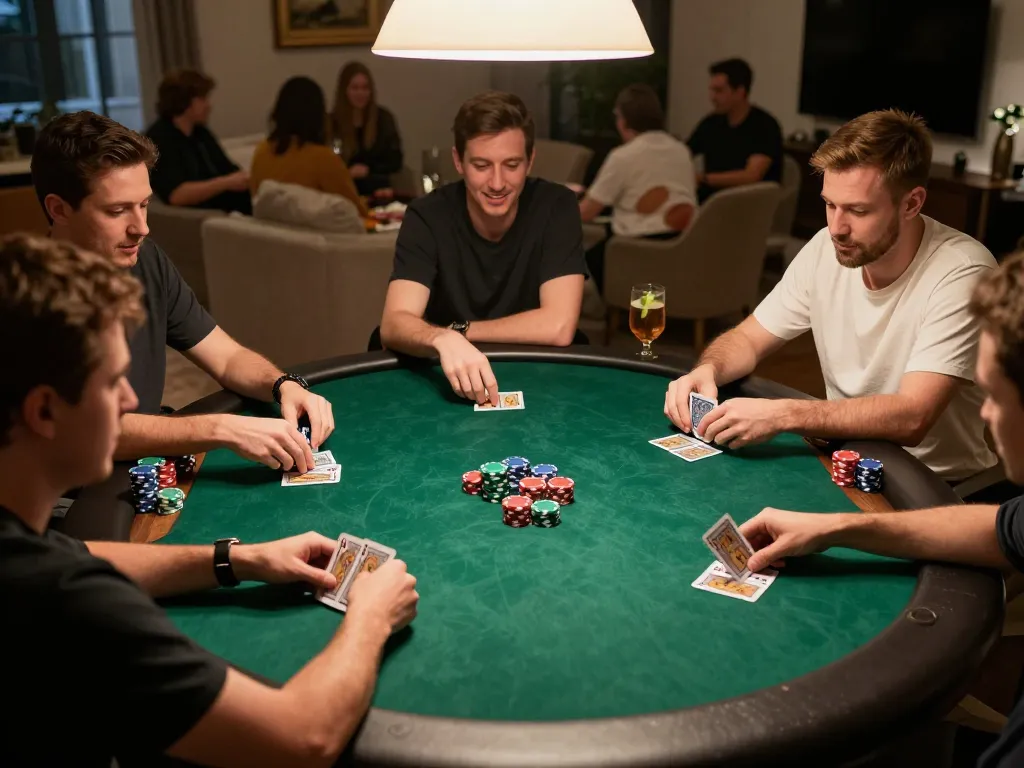 players engage in competitive poker at home, challenging buddies in a go86vn game night