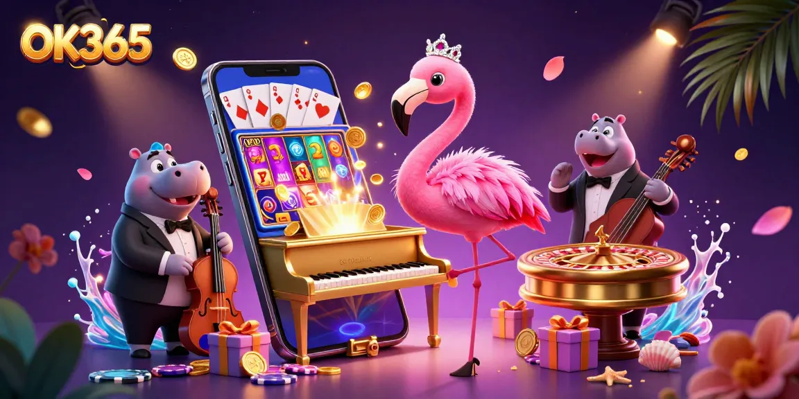 Experience the thrill of gaming with OK365: colorful slots, a glamorous lounge scene, and rich casino ambiance.