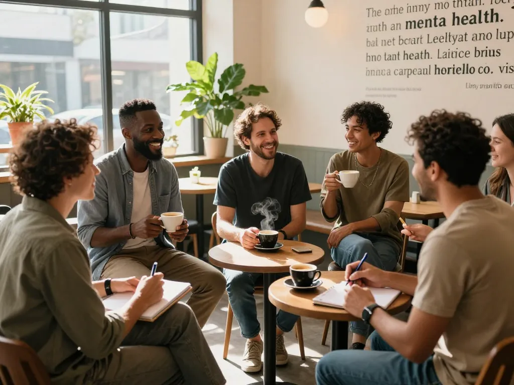 Men engaging in meaningful conversations at a manclub support gathering in a cozy café.