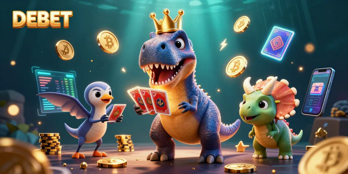 DEBET's immersive 3D casino scene featuring a T-Rex card dealer, bright crypto coins, and playful dinosaur characters.