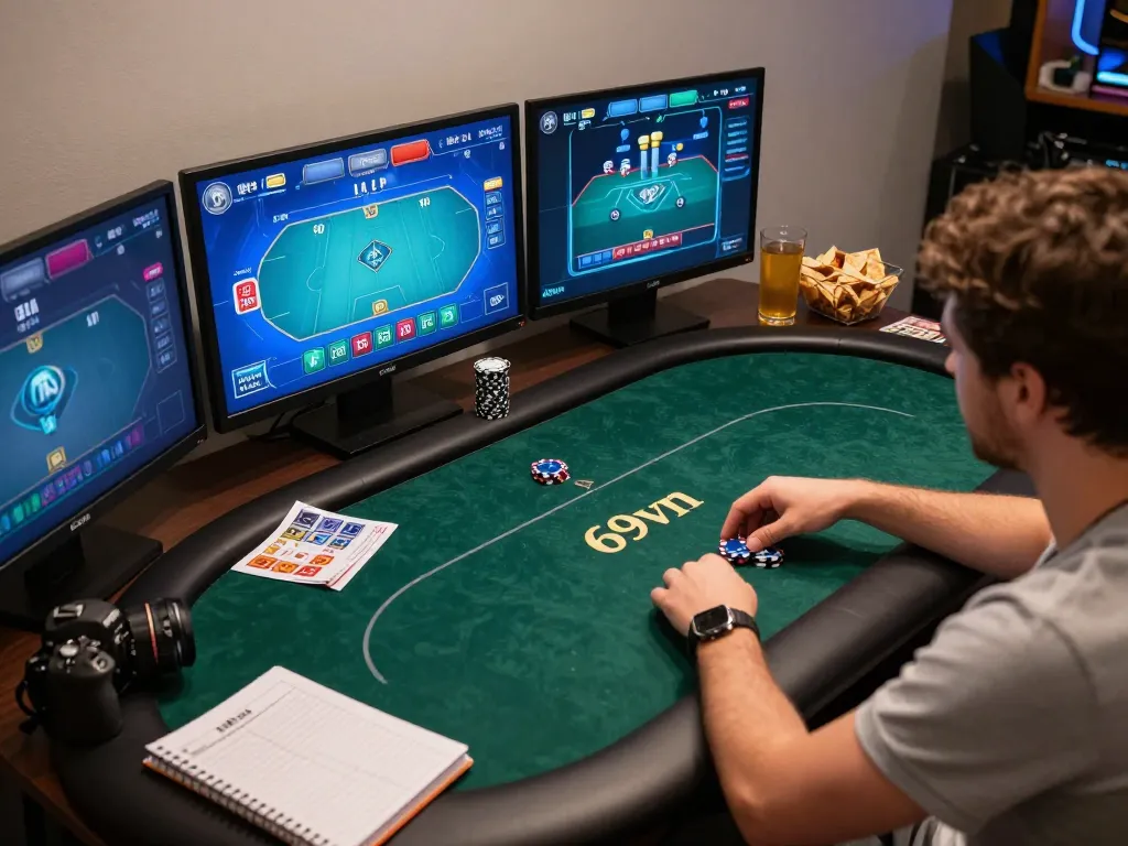 Play poker online with 69vn, showcasing a strategic gaming setup and engaged player.