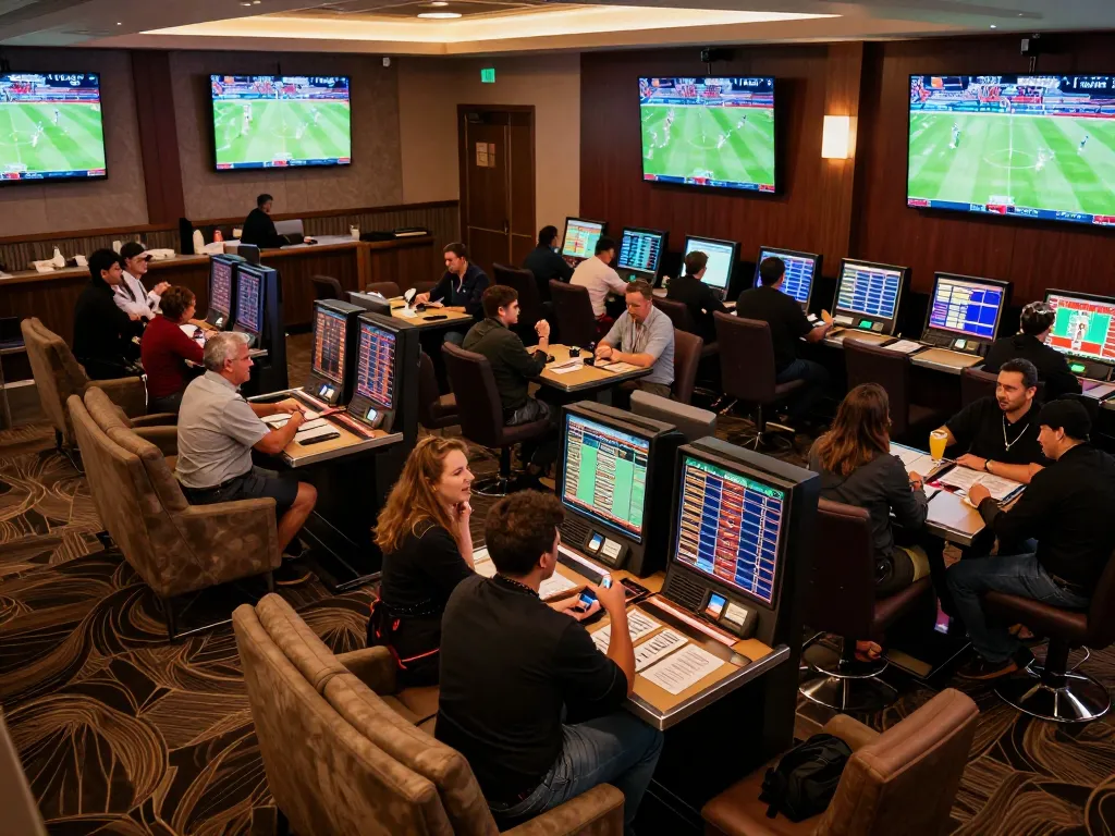 Patrons engaging in kèo nhà cái sports betting at a lively casino lounge, reviewing odds and placing wagers.
