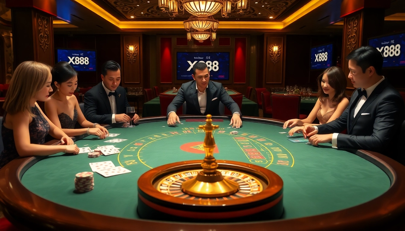 Experience the lively atmosphere at Nhà cái X88 with elegantly dressed players at a blackjack table.