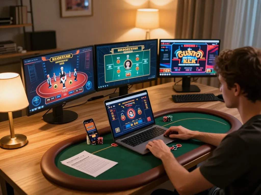 SC88 player mastering online poker strategy during a cozy home session with laptop screens.