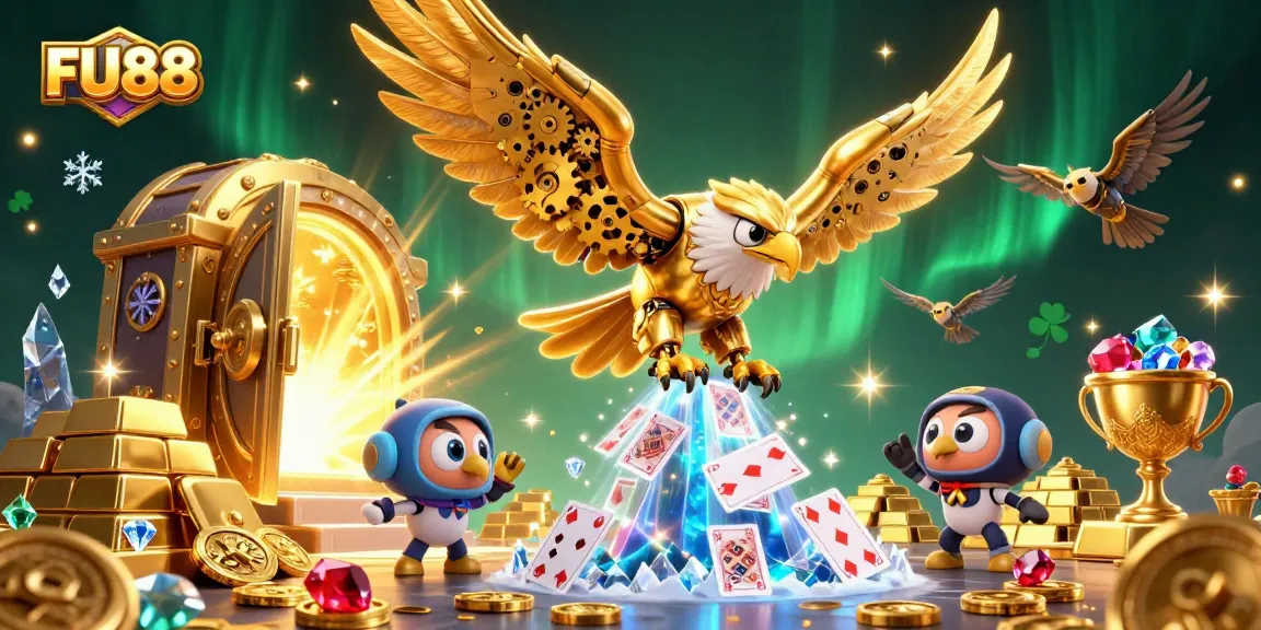 FU88 showcases a vibrant 3D illustration of a cybernetic eagle amidst flying playing cards, enhancing the gaming experience.