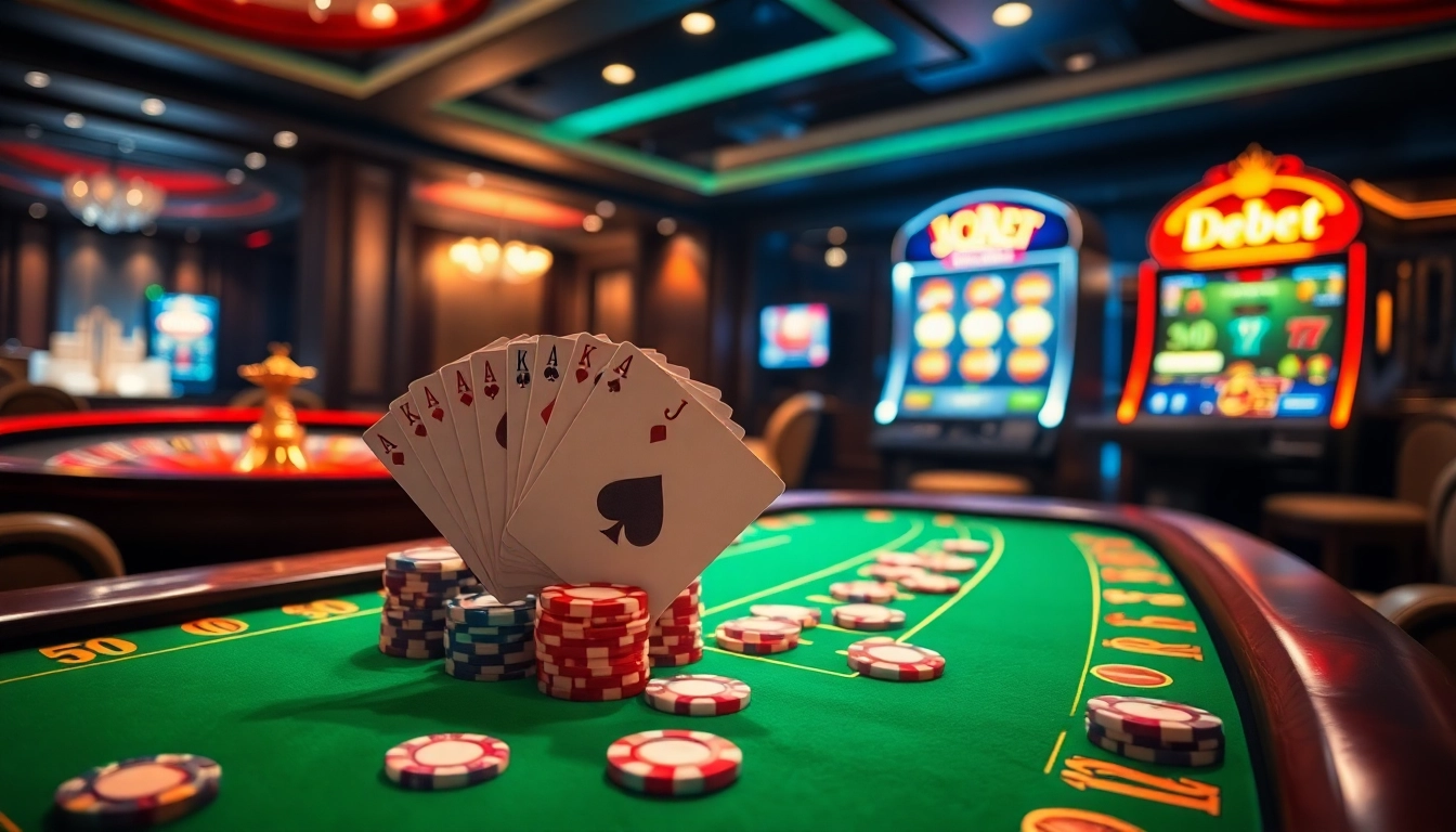 Exciting debet betting scene with poker chips and a spinning roulette wheel.