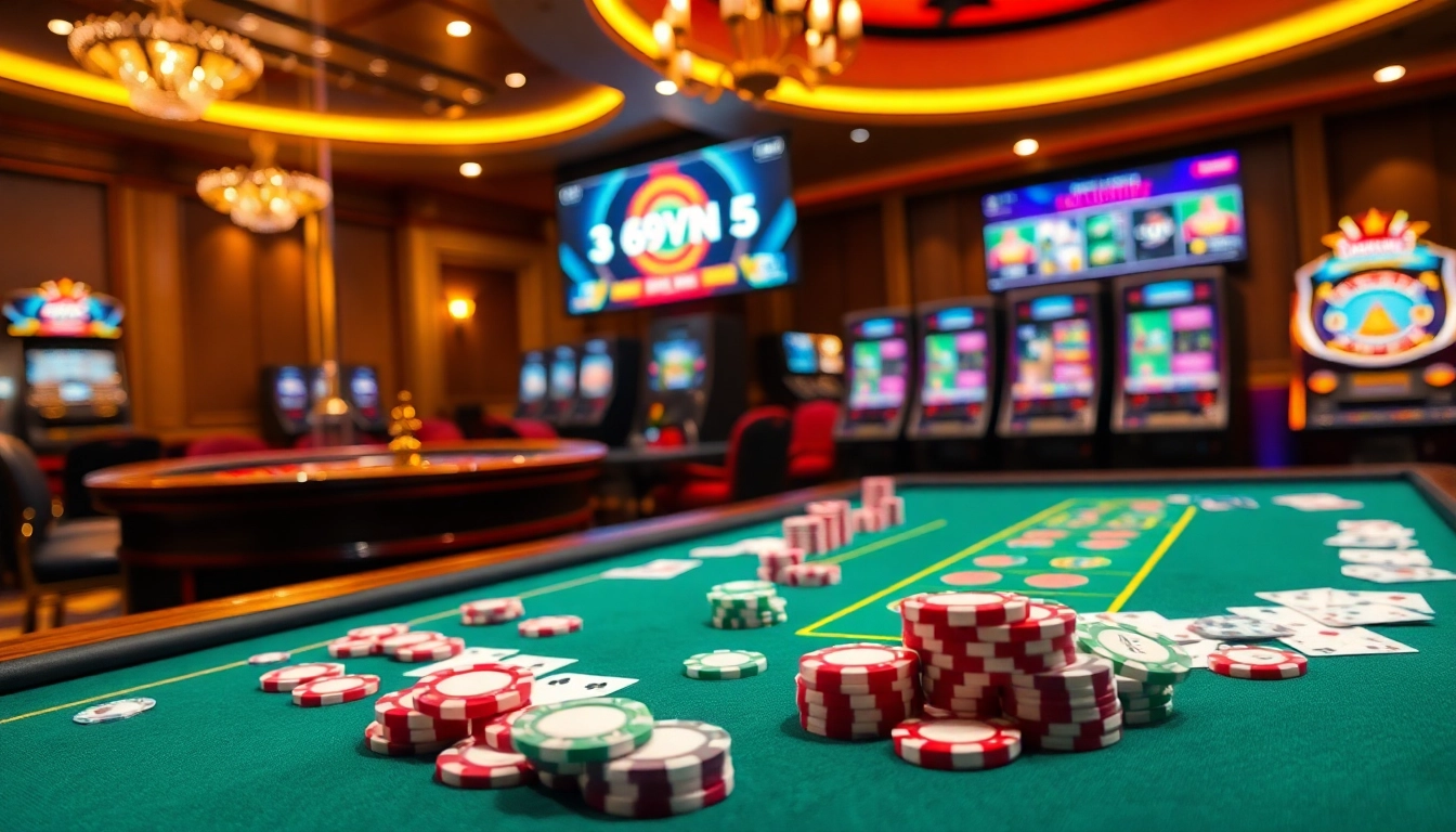 Exciting online gambling action at 69vn with poker chips and roulette wheel.