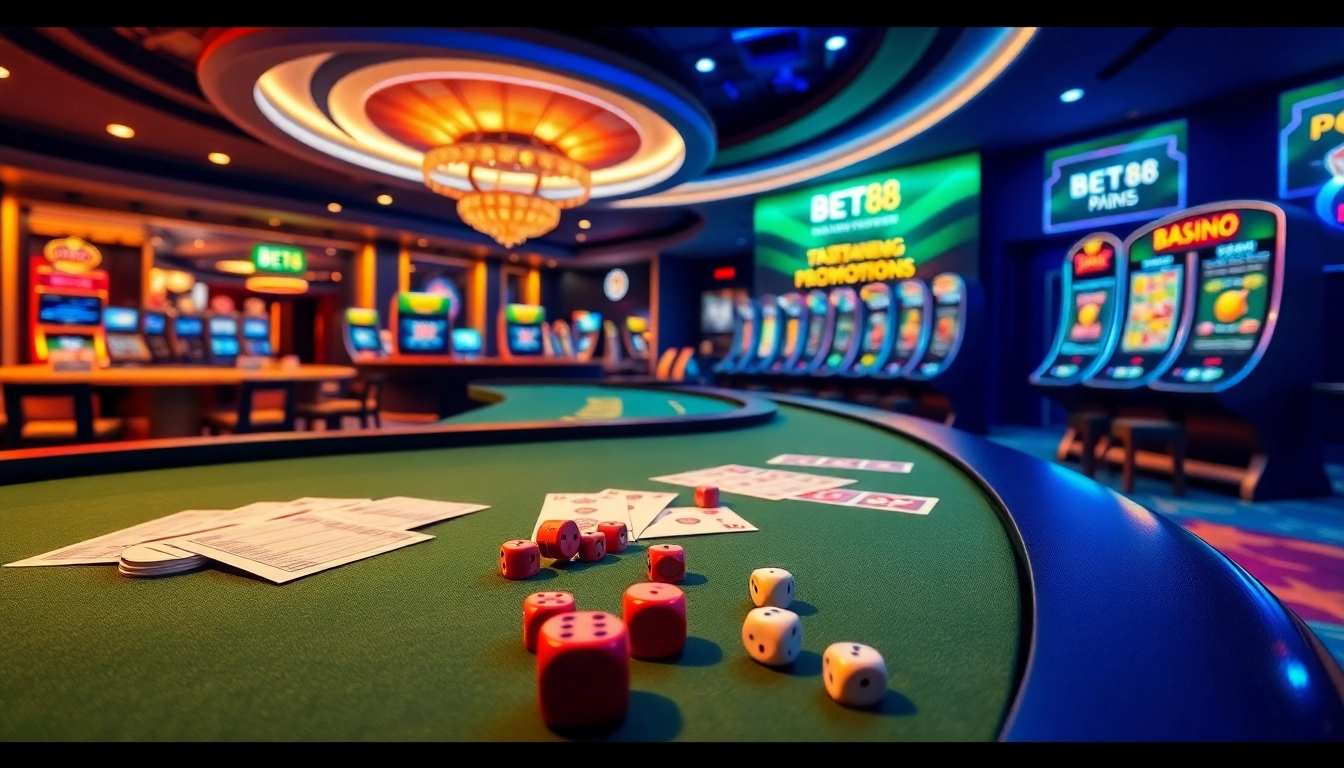Experience the excitement of BET88 with vibrant casino visuals featuring tables, chips, and slots.