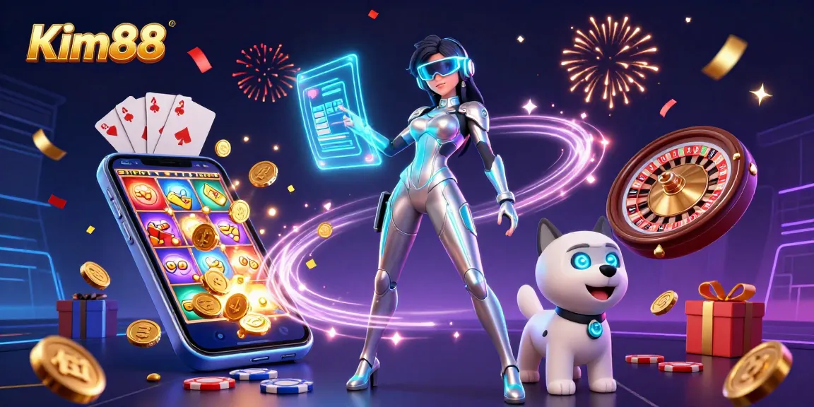 Engage in thrilling gameplay at Kim88 with a stunning 3D futuristic casino scene showcasing vibrant slot games and festive elements.