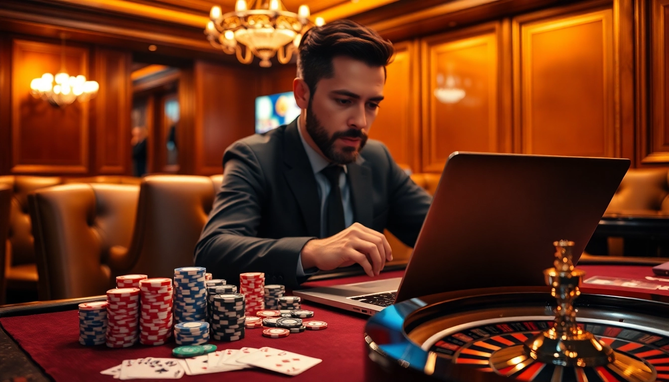 Professional gambler analyzing betting odds on https://tg88.actor/ laptop with poker chips and roulette