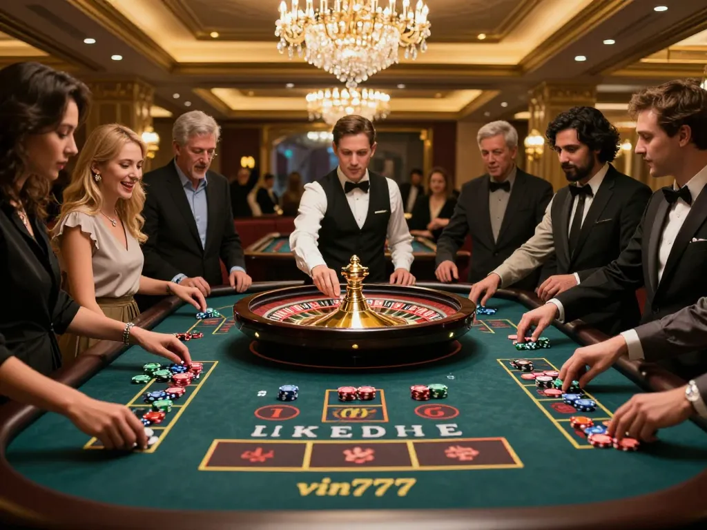A roulette game in a vibrant casino at vin777 with players engaged in exciting bets and a spinning wheel.
