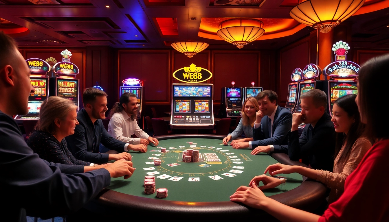WE88 players enjoying an exciting poker game with vibrant chips and cards.