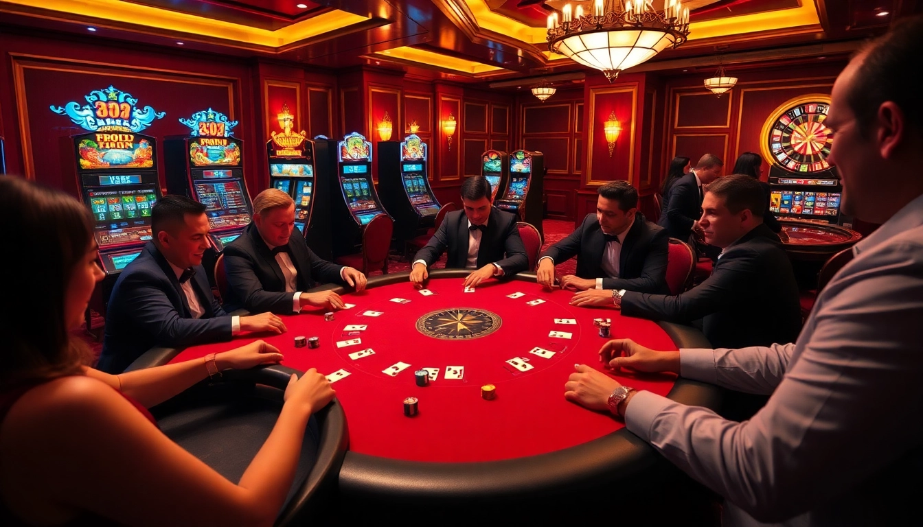 FLY88 high-stakes poker table showcasing vibrant gameplay and luxury atmosphere.