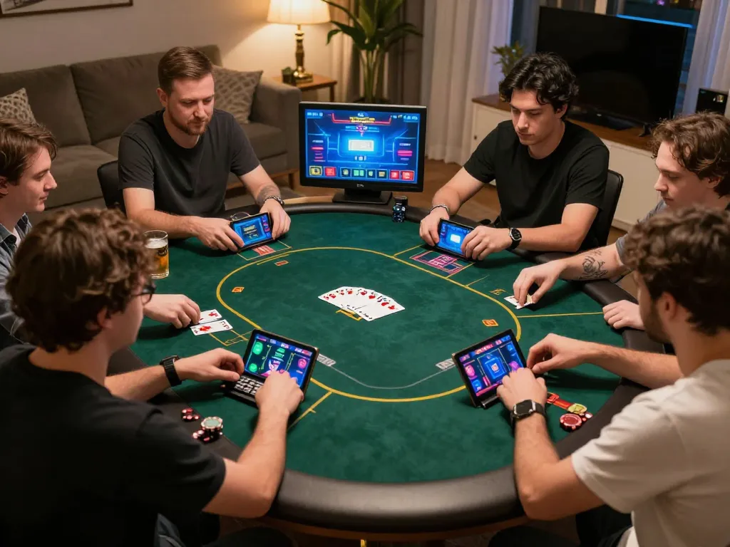 Win678 players enjoying an online poker game at home with vibrant action screens
