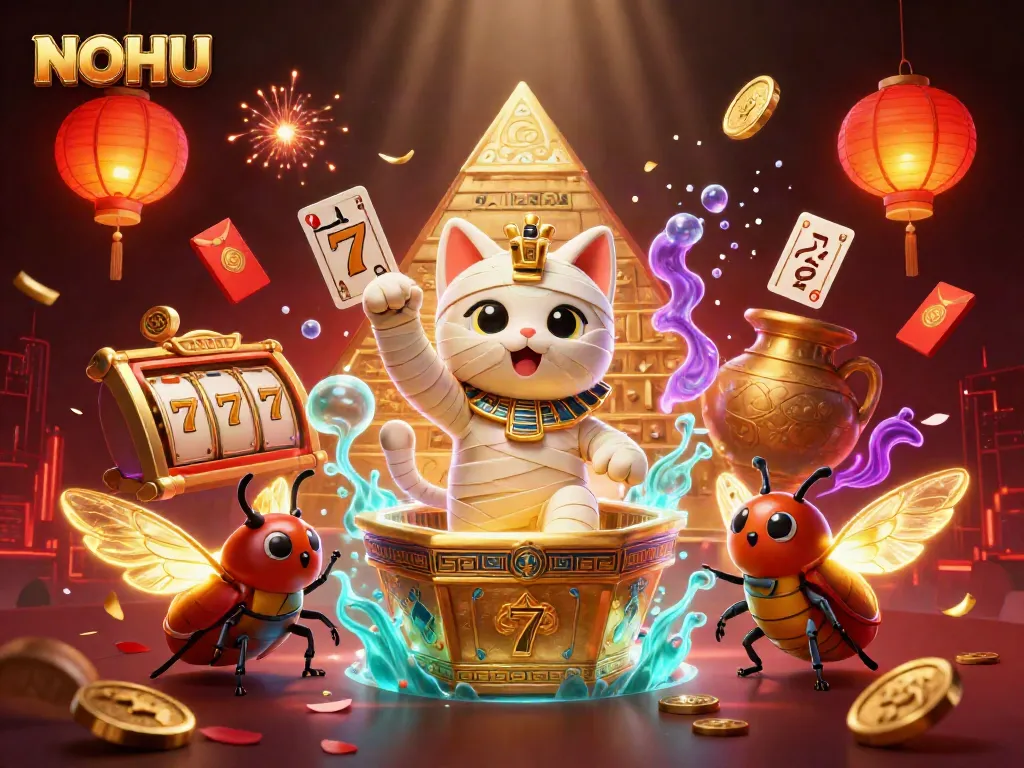 Engage with thrilling slots at NOHU, featuring a cat mummy, scarab, and casino elements.