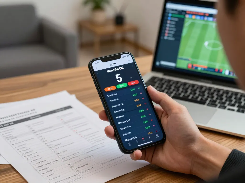 Engaging scene of someone analyzing Keo Nha Cai 5 betting odds using a smartphone and notes.