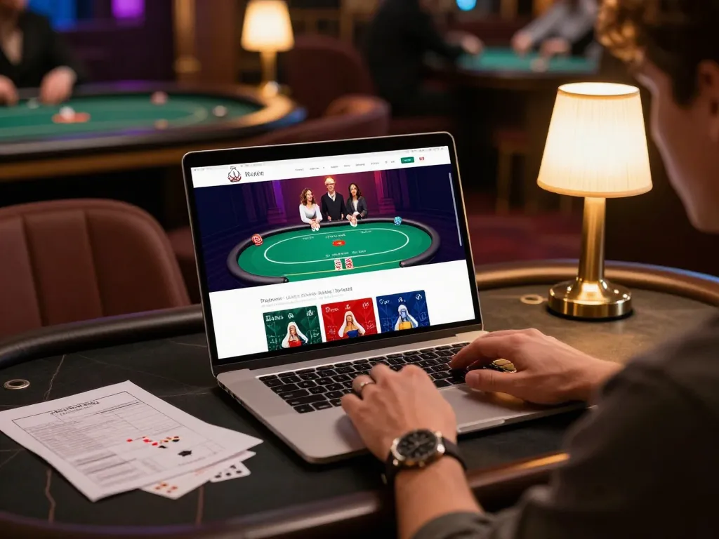 Player enjoying SC88 online poker on laptop with strategic notes visible in a cozy workspace
