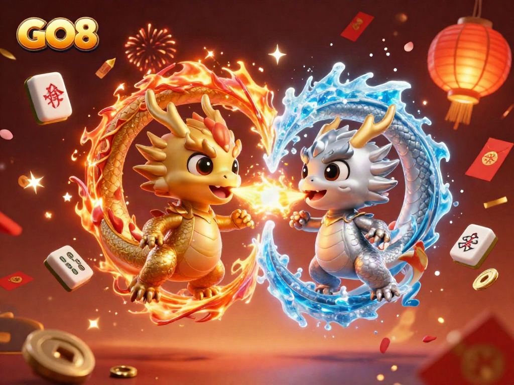Experience the thrill of GO8 with vibrant dragons and festive gambling icons in this captivating illustration.