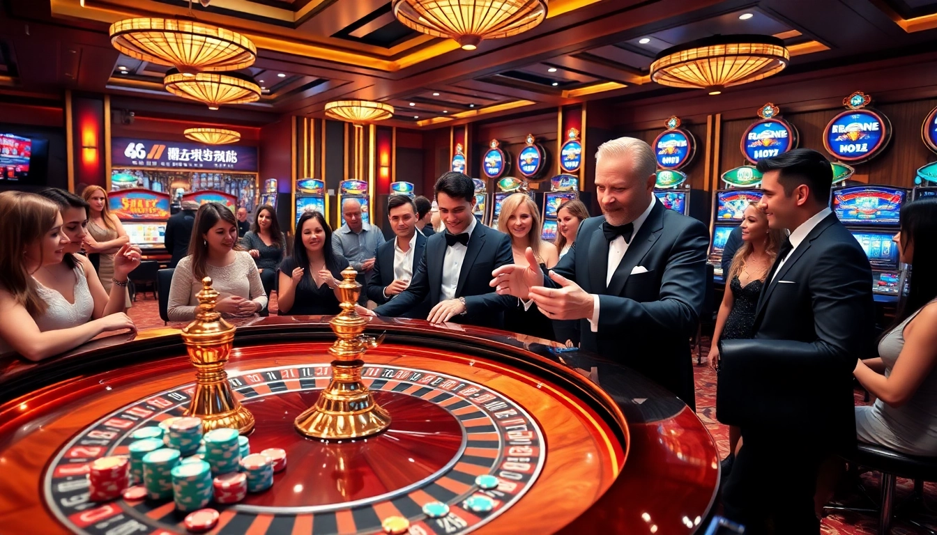 Exciting players engage with a roulette table at https://nk88top.com/ in a luxurious casino setting.