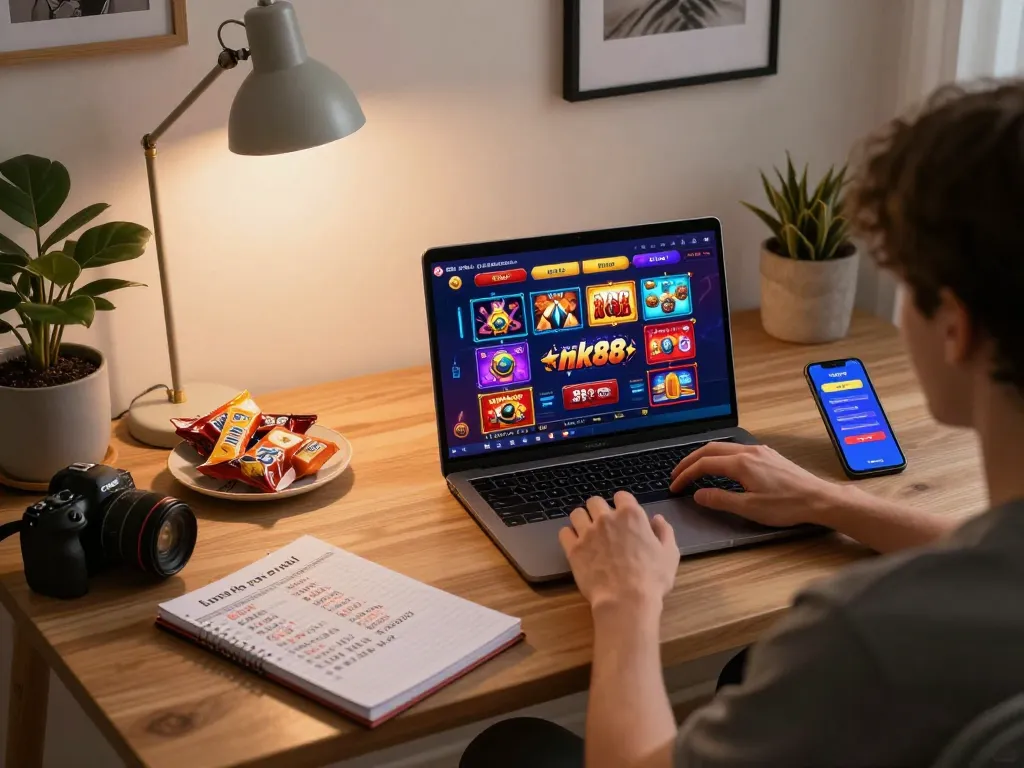 Engaging in online casino gaming on nk88 app while using laptop and tracking strategies