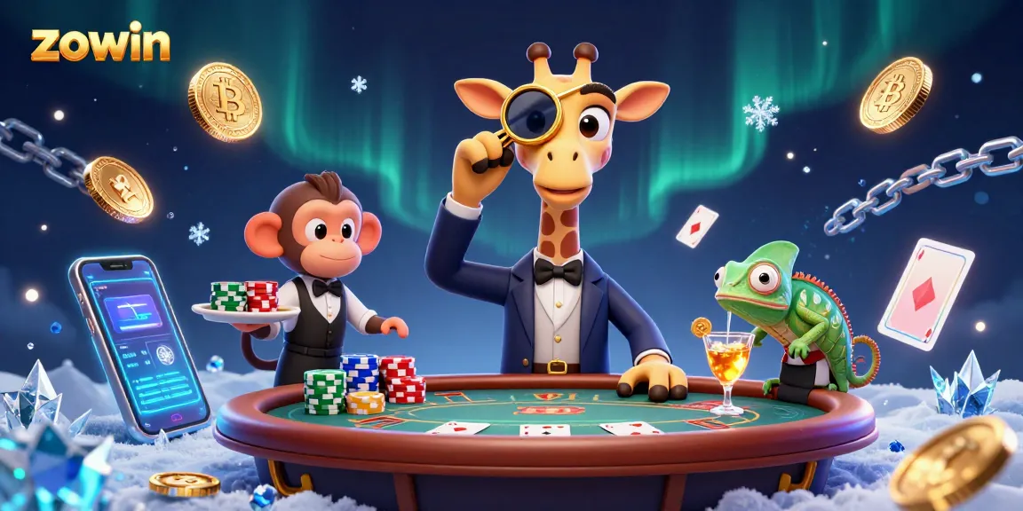Zowin invites players to a colorful poker scene with a high-roller giraffe and vibrant casino elements.