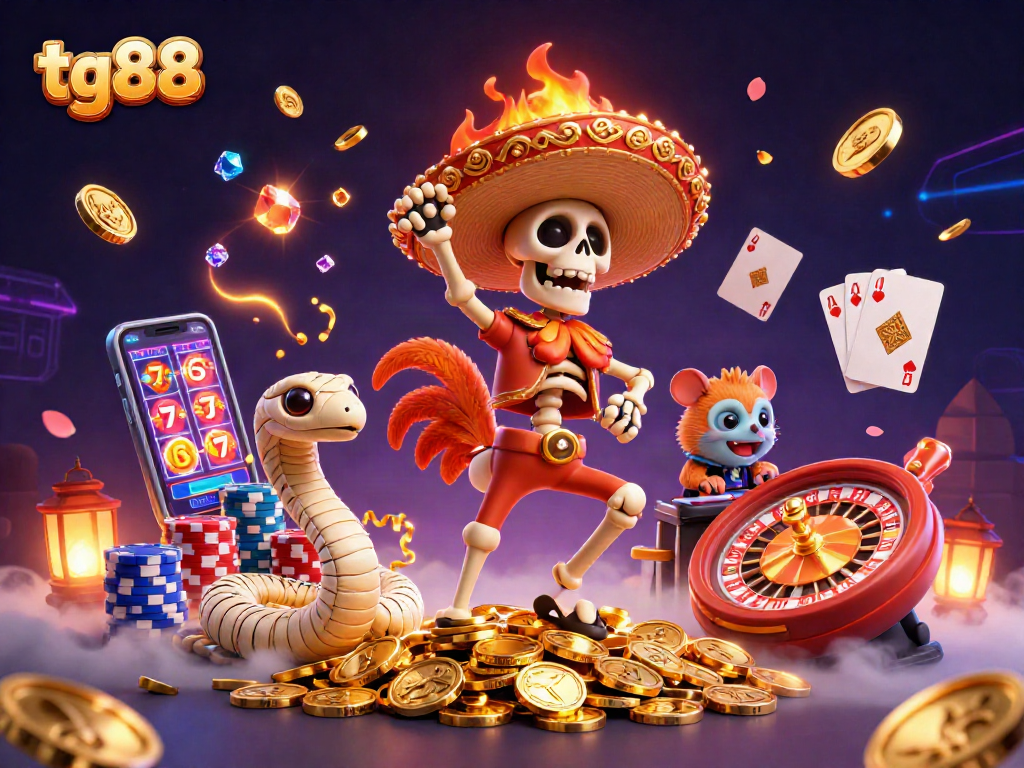 tg88 animation featuring a mariachi rooster, mummy snake, and DJ hamster celebrating casino wins.