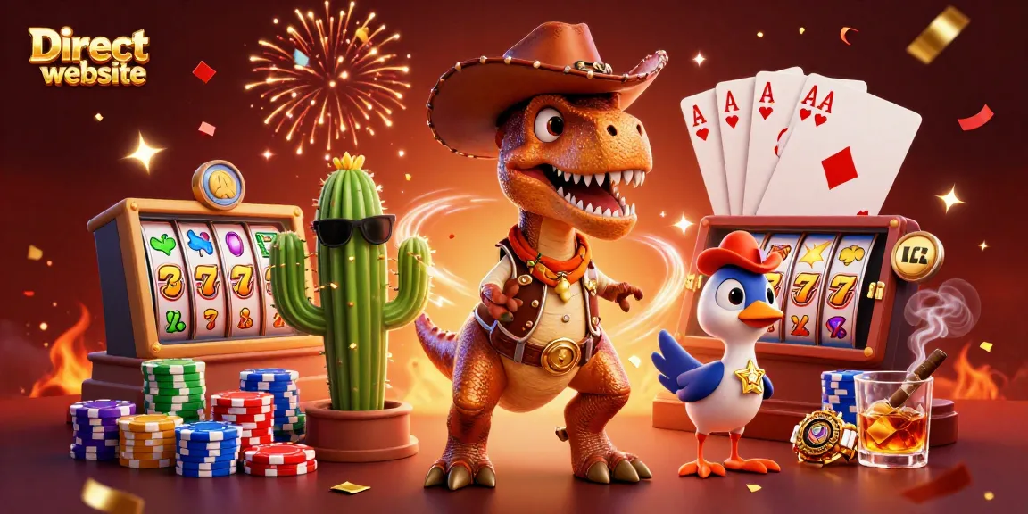Play slots on a vibrant Direct website featuring a T-Rex cowboy character amidst colorful casino elements.