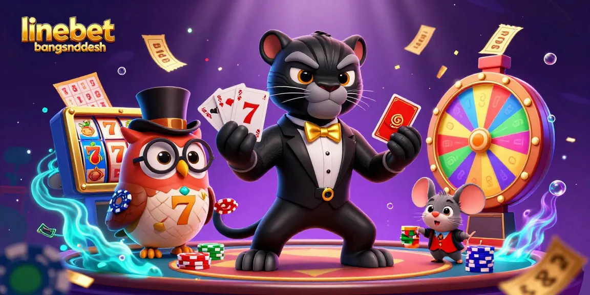 Engage with linebetbangladesh's thrilling 3D casino scene featuring a stylish black panther dealer, owl, and lucky mouse amidst dynamic game elements.