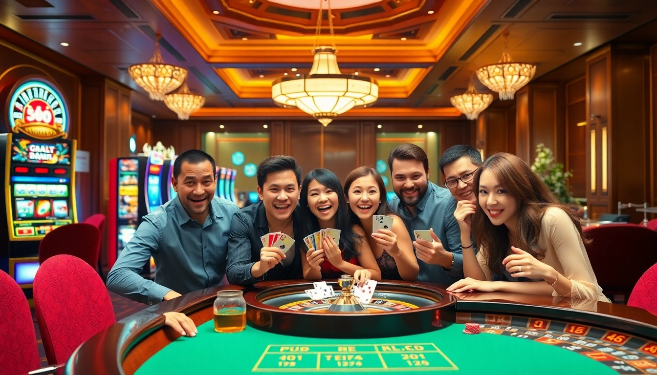 Players enjoying an exciting gaming experience at nhà cái 8kbet casino tables with vibrant slot machines.