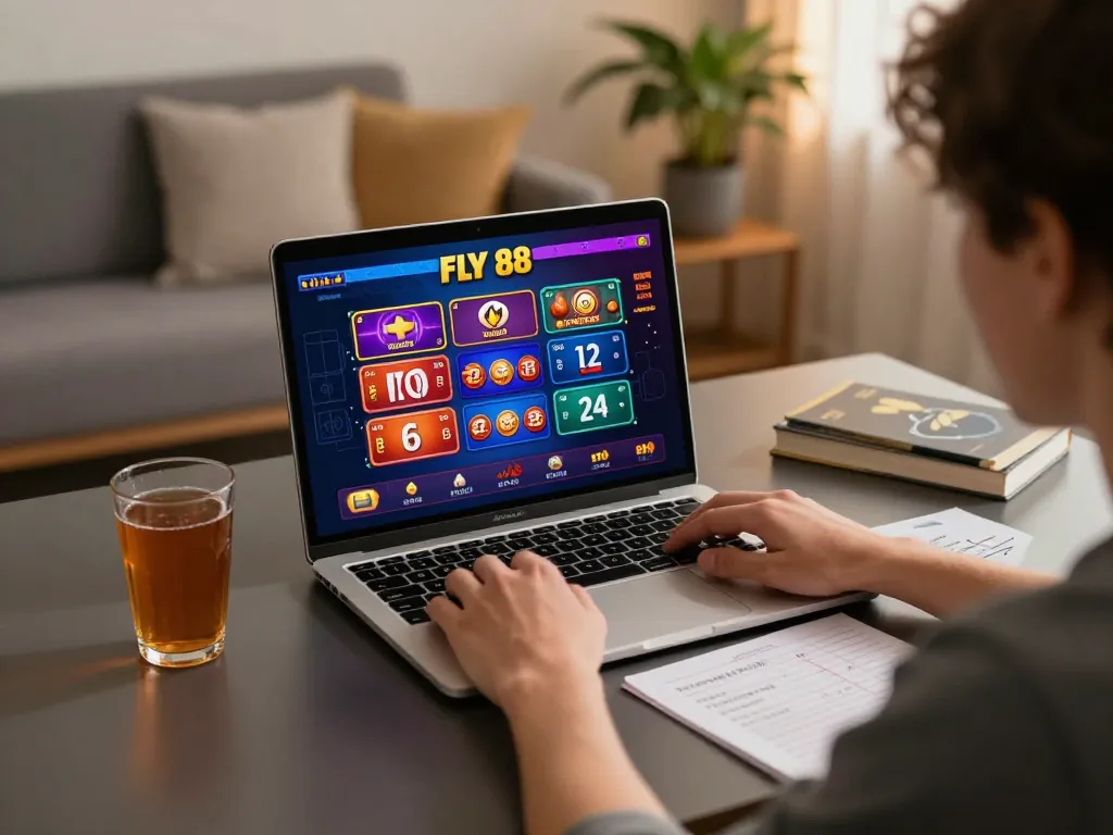 Player strategizing on FLY 88 online casino while enjoying a cozy atmosphere with laptop and notes.