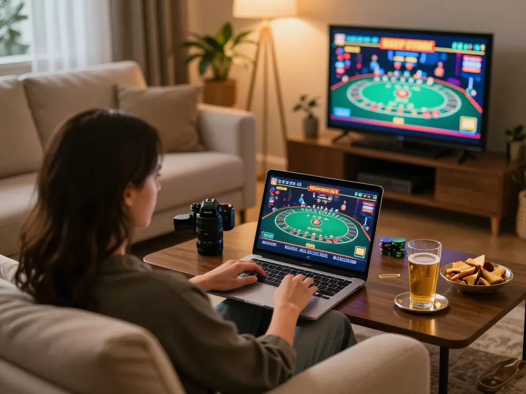 tr88 player enjoying live dealer blackjack at home with snacks and laptop setup