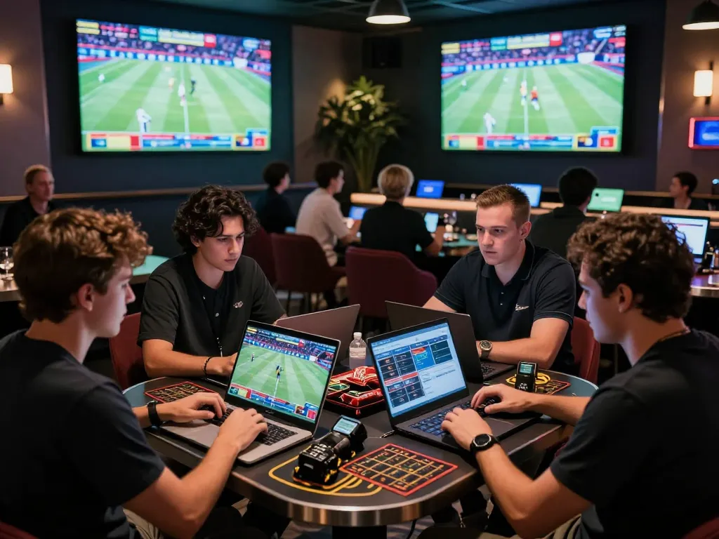 Excited players engaging in sports betting at a luxurious lounge, highlighting vu88's dynamic betting atmosphere.