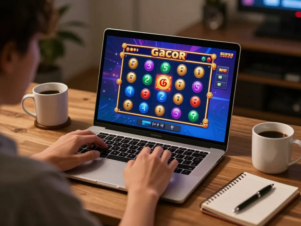 Playing exciting slot gacor online with vibrant graphics on laptop in cozy workspace